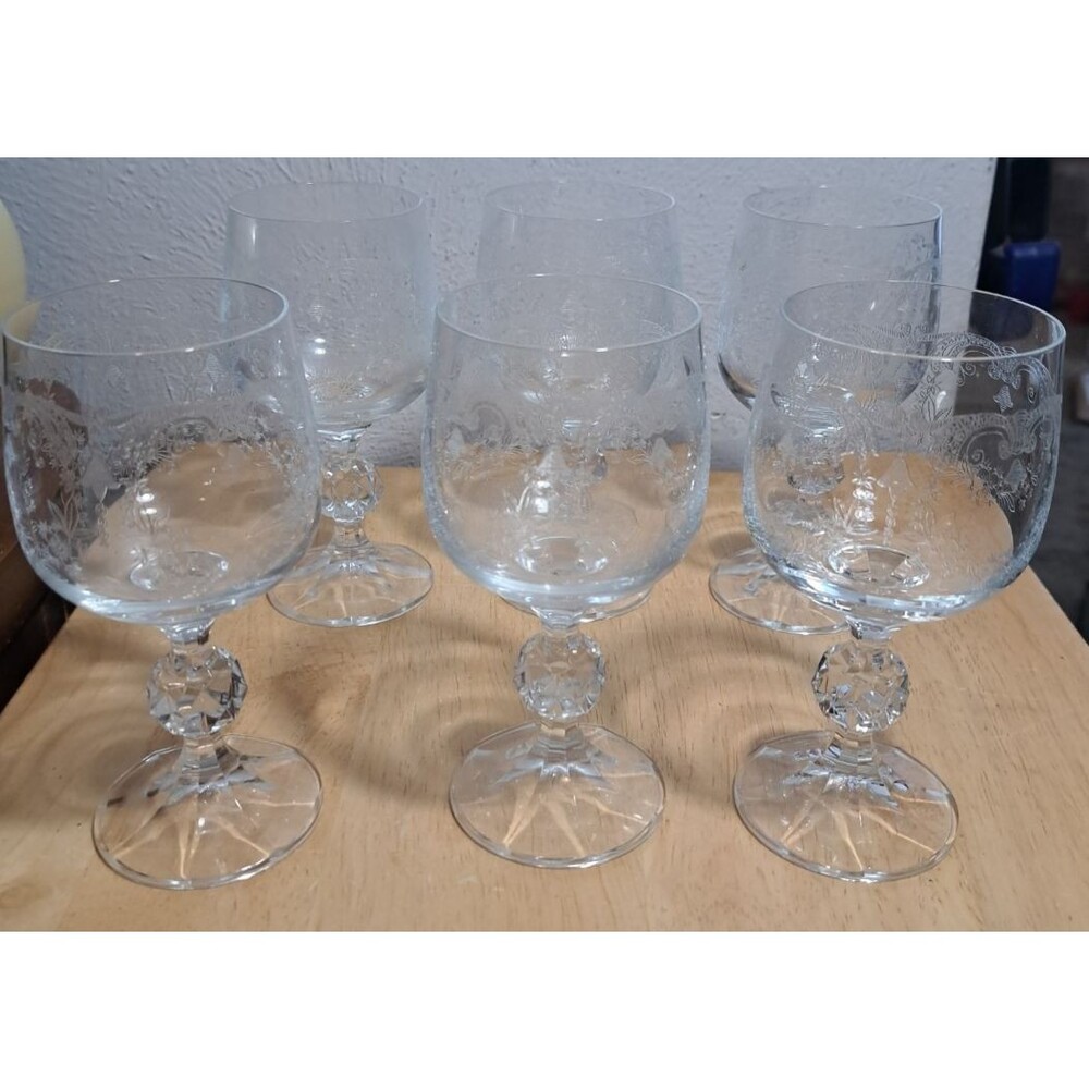 VINTAGE SET OF 6 BOHEMIA CRYSTAL ETCHED "CASCADE" CZECH WINE GLASSES